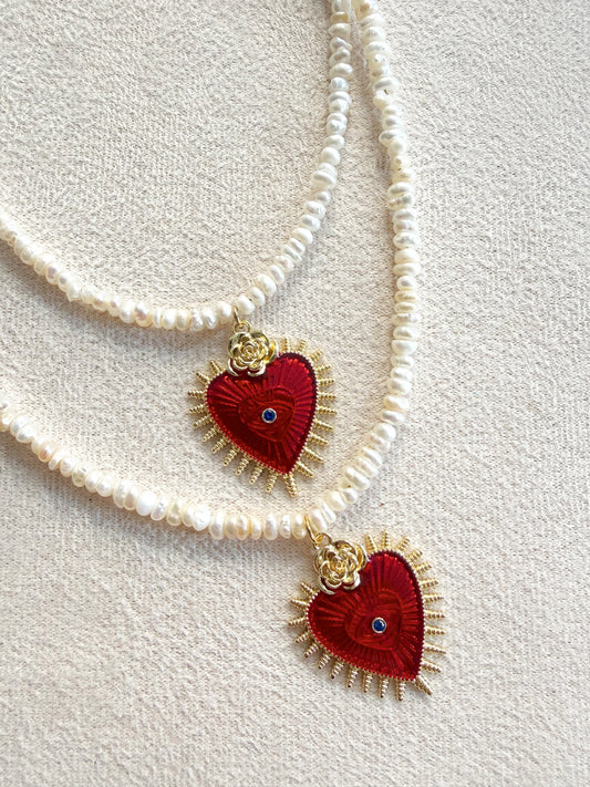 Collar perla MINI + corazón esmaltado